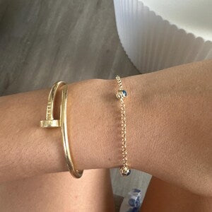 14k Gold Evil Eye Rolo Bracelet | Protection Charm on Chunky Belcher Chain