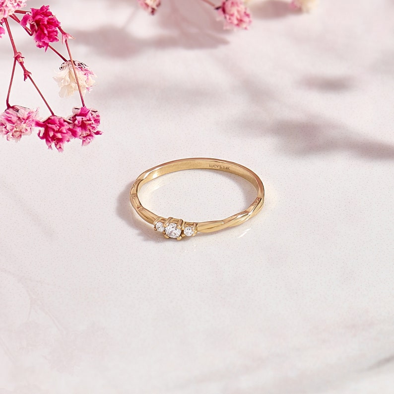 14k Solid Gold Twisted Solitaire Ring • Tiny Diamond Engagement Ring • Dainty Minimalist Ring • Promise Jewelry Gift for Her