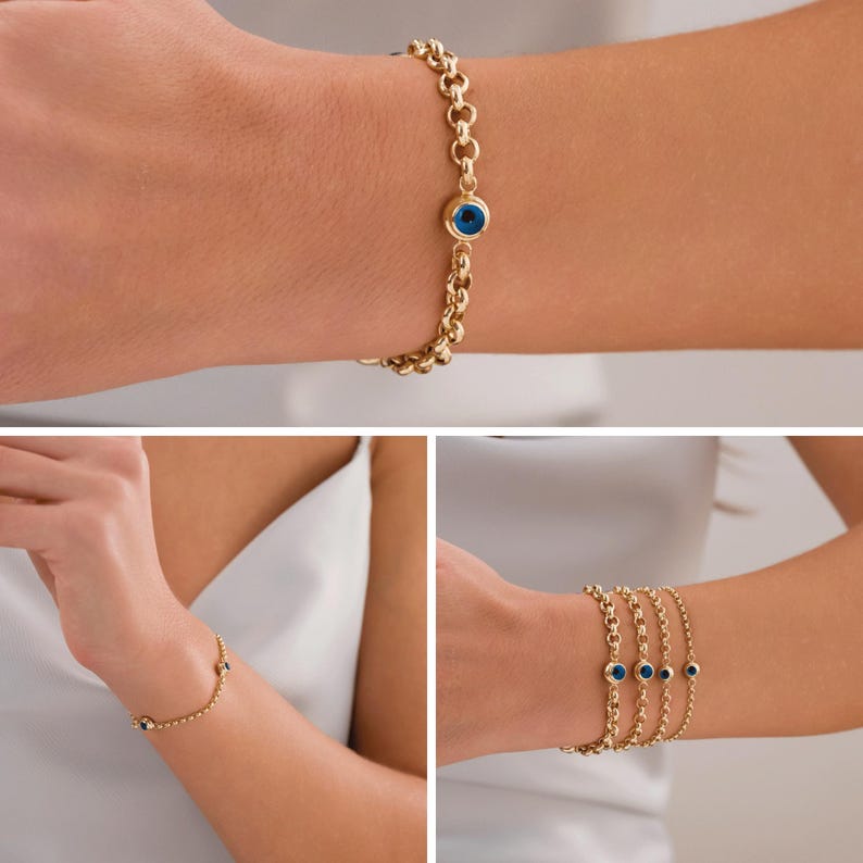 14k Gold Evil Eye Rolo Bracelet | Protection Charm on Chunky Belcher Chain